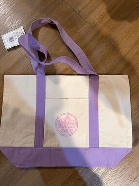Trader Joe's Cream Canvas Tote with Lilac Trim Large